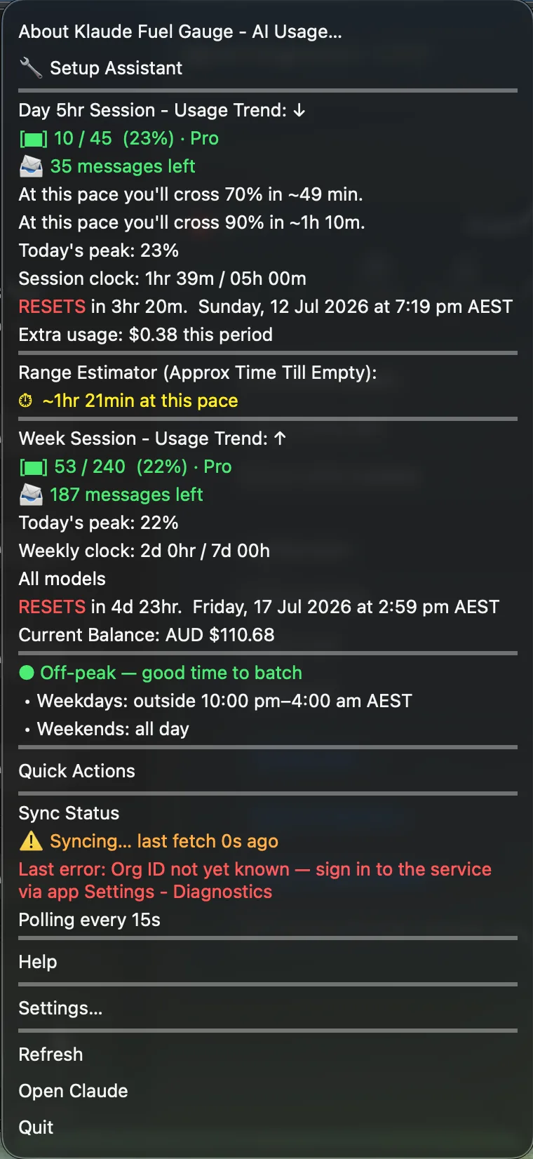 The full Klaude Fuel Gauge menu, with Sync Status showing that sign-in is required via Settings → Diagnostics
