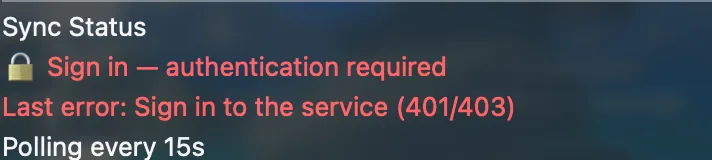 Sync Status section of the menu showing 'Sign in — authentication required' and a 401/403 error