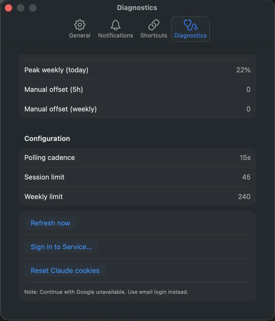 Settings window on the Diagnostics tab, showing the Refresh now, Sign in to Service and Reset Claude cookies buttons