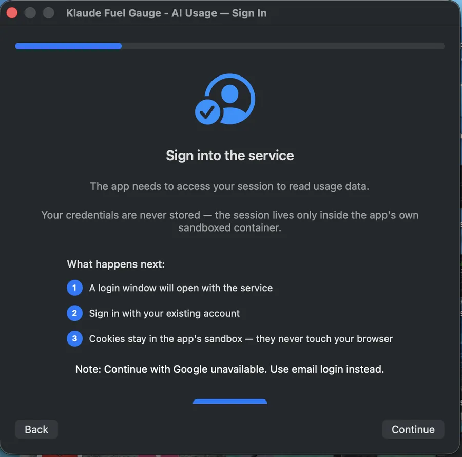 Sign into the service window explaining that cookies stay in the app's sandbox and never touch your browser