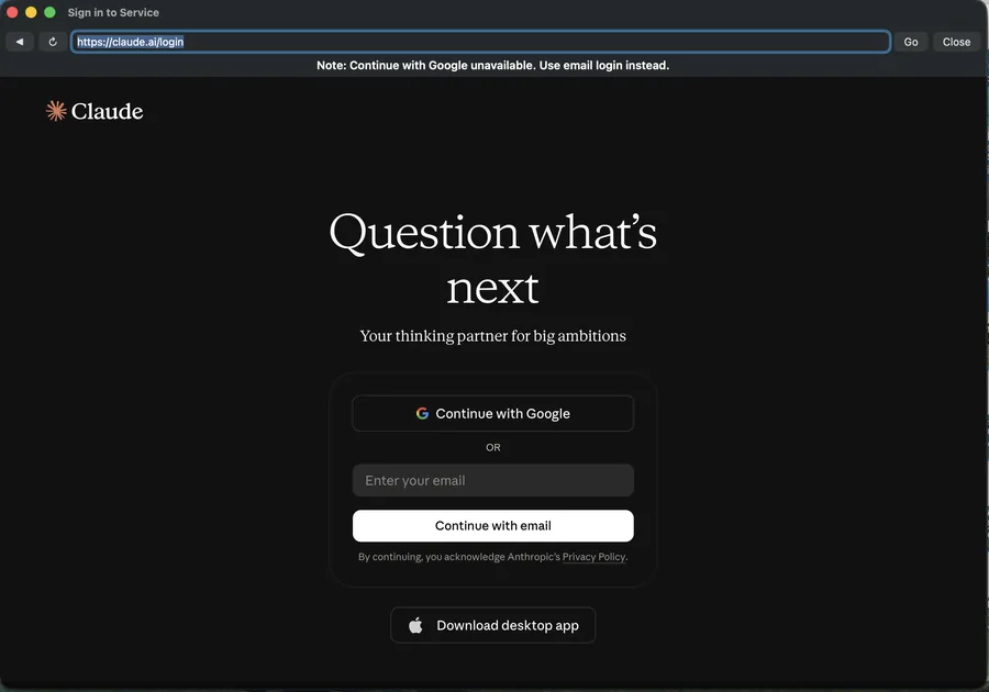 Secure in-app window showing the claude.ai login page with an email field