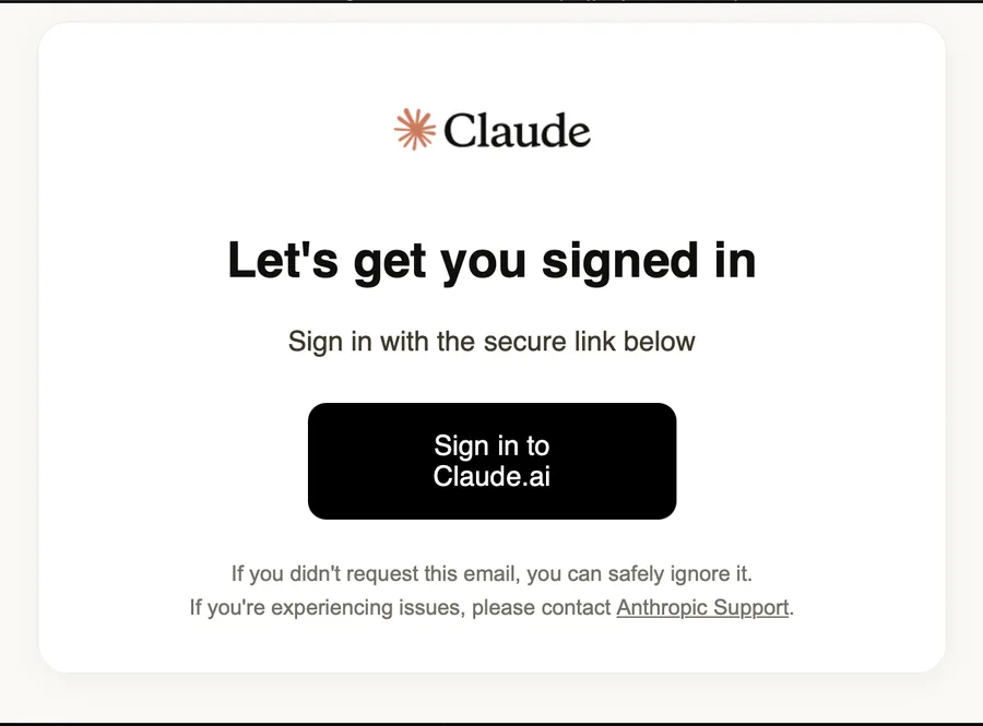 Anthropic email titled Let's get you signed in, with a Sign in to Claude.ai button