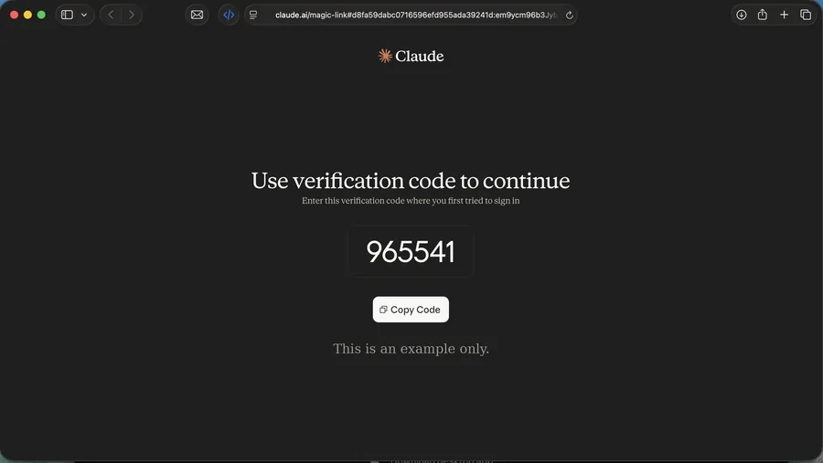 Browser page showing a one-time verification code with a Copy Code button — example only