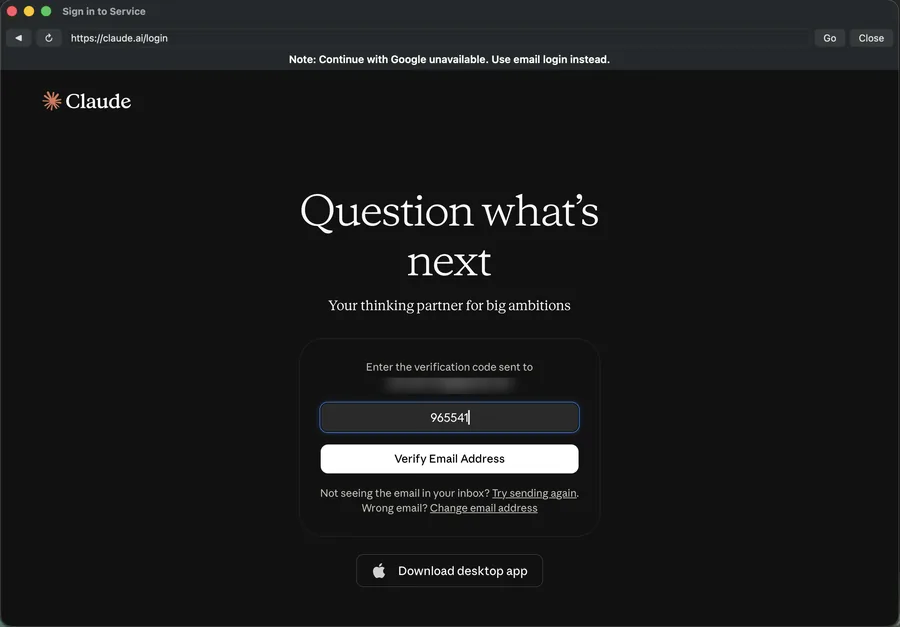In-app window with the verification code entered and a Verify Email Address button